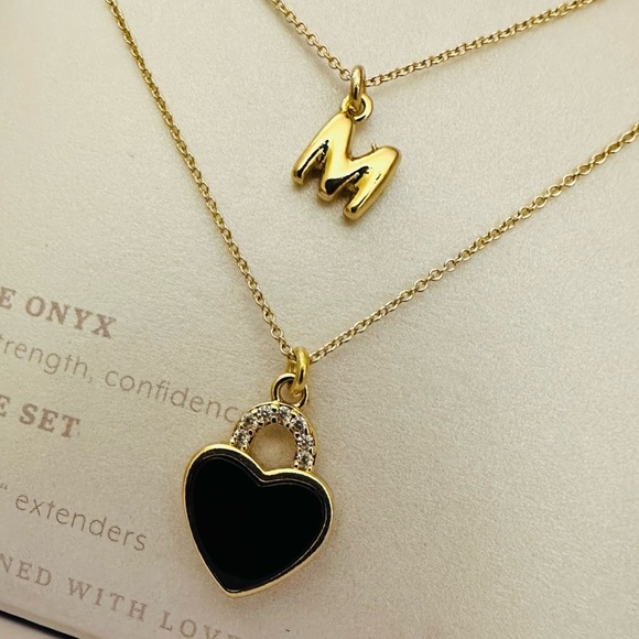 Luna Norte Elegant Gold M Initial and Black Onyx Heart Necklace Set NEW - Picture 9 of 9